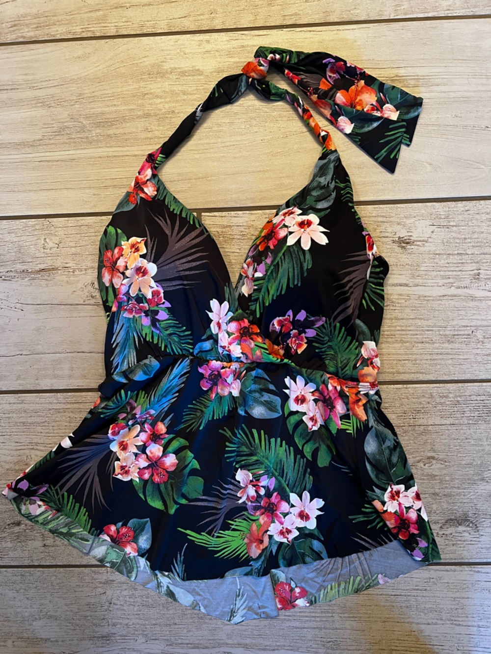 Worthington Black Tropical Floral Halter One-Piece Swimdress